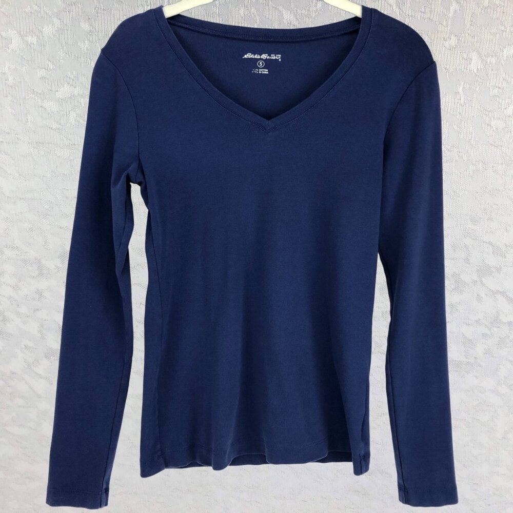 Eddie Bauer Dark Blue 100% Cotton Long Sleeve V-Neck Tee Size S